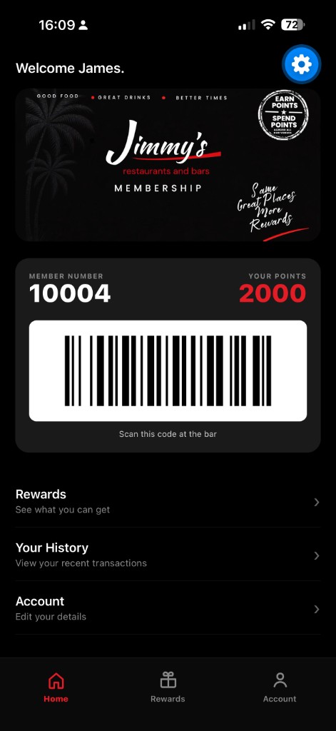 VenueIQ membership app home screen with a branded digital card, member number, points balance, and barcode to scan at the bar
