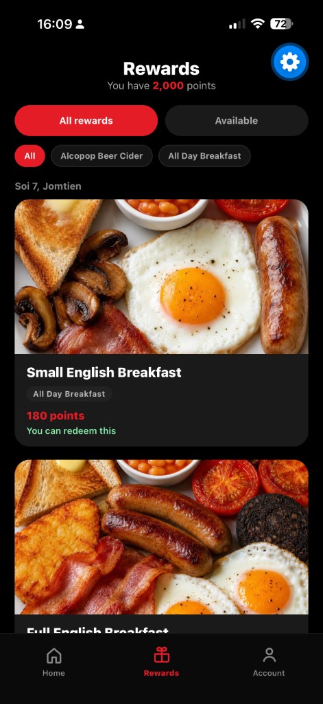 VenueIQ rewards catalogue showing available menu items, point costs, and redeem status
