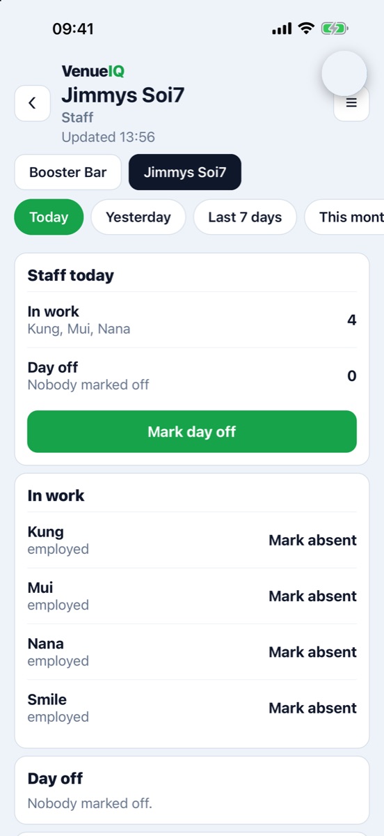 VenueIQ Stats app staff screen showing performance and commissions