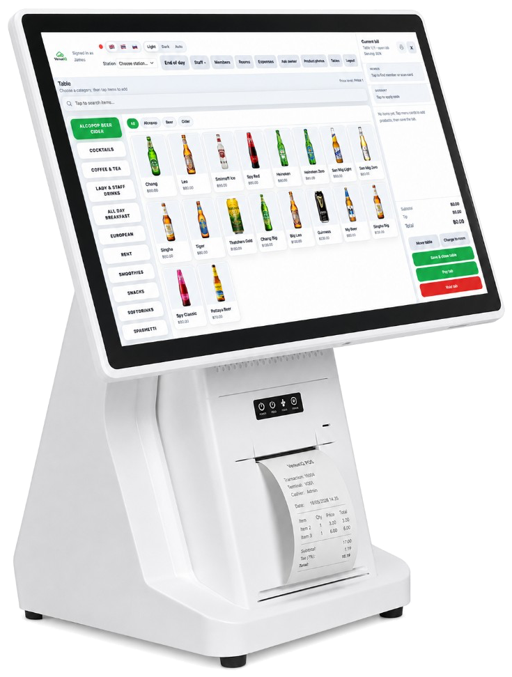 VenueIQ POS on an all-in-one touchscreen terminal with integrated receipt printer