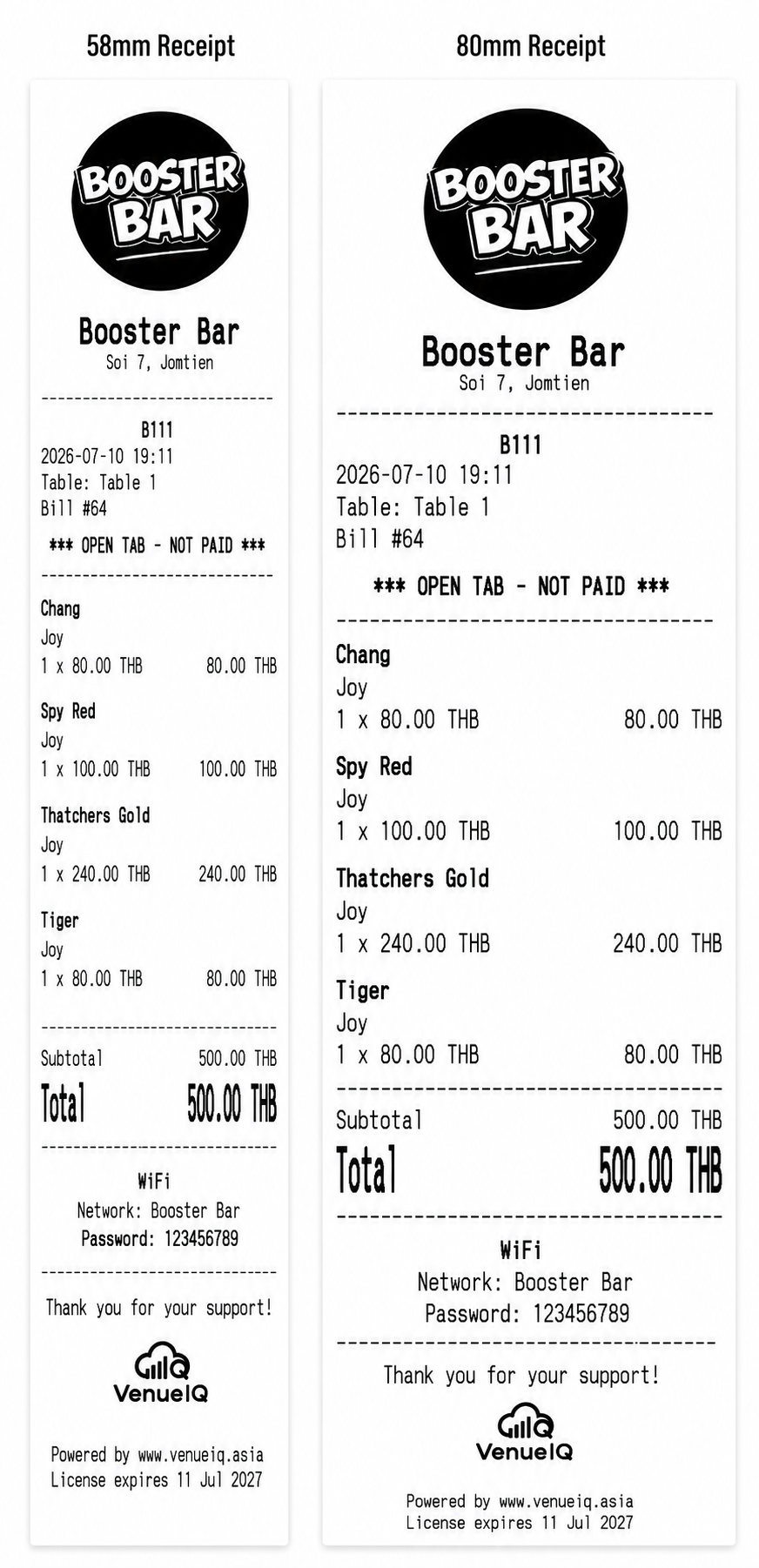 Sample 58mm and 80mm thermal receipts from Booster Bar showing table, server names, WiFi details, and VenueIQ branding