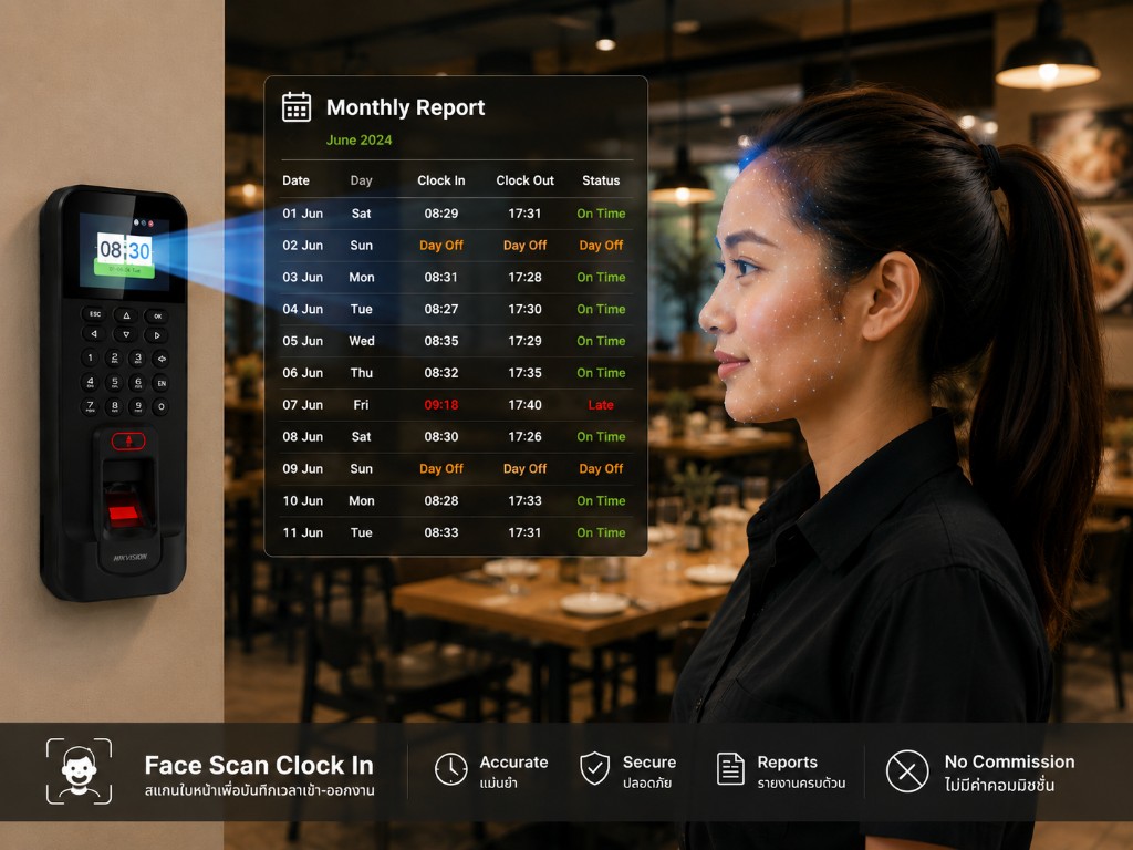 Staff member using face-scan clock-in at a biometric terminal with VenueIQ monthly attendance report